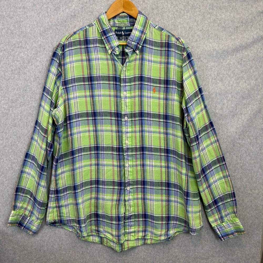 Ralph Lauren Button Down Shirt Spring Green Plaid 100% Linen Pony Logo Mens XL